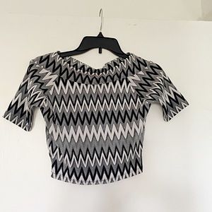 Patterned Black and White Boat Neck Crop Top